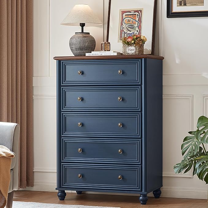 Farmhouse 5 Drawers Dresser for Bedroom, Wood 45" Tall Chest of Drawers, Dresser Rustic Storage Dressers Organizer with Metal Handle Closet for Living Room, Hallway Entryway