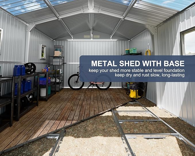 10x12 FT Metal Storage Shed with Floor Frame Extra Large Waterproof Storage House with Clear Roof Windows Air Vent for Garden Yard to Store Bikes,Lawnmower,Dark Grey