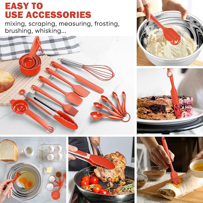 E-far Mixing Bowls with Lid Set, 25PCS Stainless Steel Nesting Prep Bowls with Grater Attachments Utensils Non-Slip Bottoms for Cooking, Baking, Serving, Food Storage, 4.6/2.6/2/1.5/1/0.7QT - Red