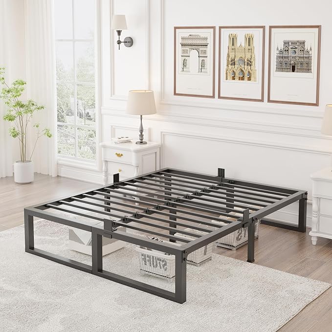 King Bed Frame, 14 Inch High 3500 lbs Metal Platform, Mattress Foundation with Steel Slat Support/No Box Spring Needed/Noise Free/Non-Slip/Easy Assembly