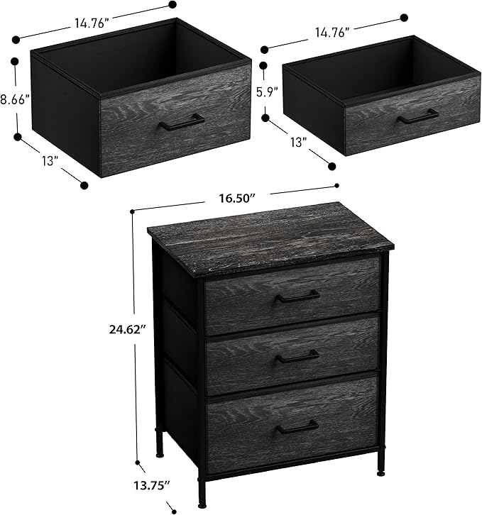 Sorbus Nightstand Dresser with 3 Faux Wood Drawers - Bedside Table Chest with Storage, Steel Frame, Wood Top, Easy Pull Fabric Bins for Bedroom, Living Room, Closet & Dorm Furniture Lamp Stand