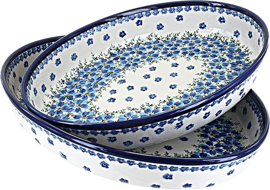 Blue Rose Polish Pottery - Blue Kalina Oval Baker Set - 2 Bakers - Unique, Dishwasher Safe, & Durable Bakeware