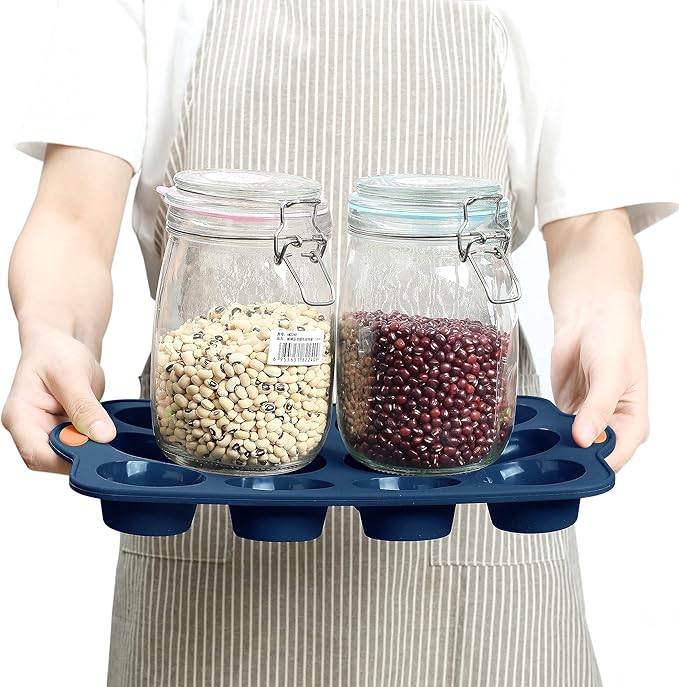 To encounter 8 in 1 Silicone Baking Set - 6 Cake Molds - 2 Silicone Baking Mat, Nonstick Cookie Sheet, Cake Muffin Bread Pan with Grips and Metal Reinforced Frame More Strength, Navy Blue