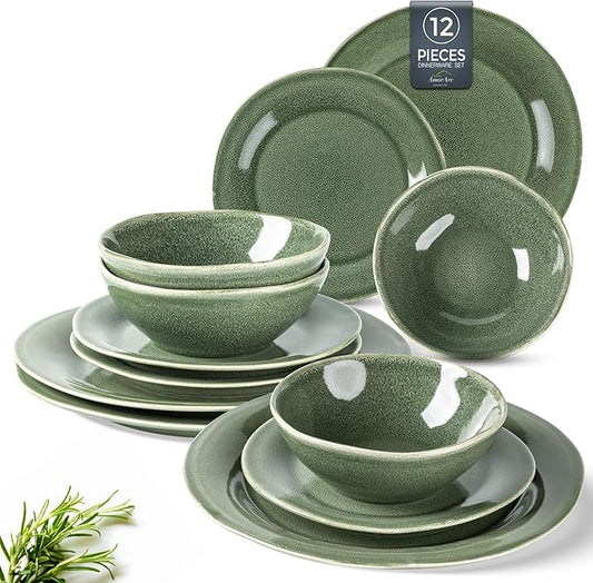 AmorArc Ceramic Dinnerware Sets, Handmade Stoneware Reactive Glaze Plates and Bowls Set, Scratch Resistant | Dishwasher & Microwave Safe Dishes Set, Service for 4 (12pc)