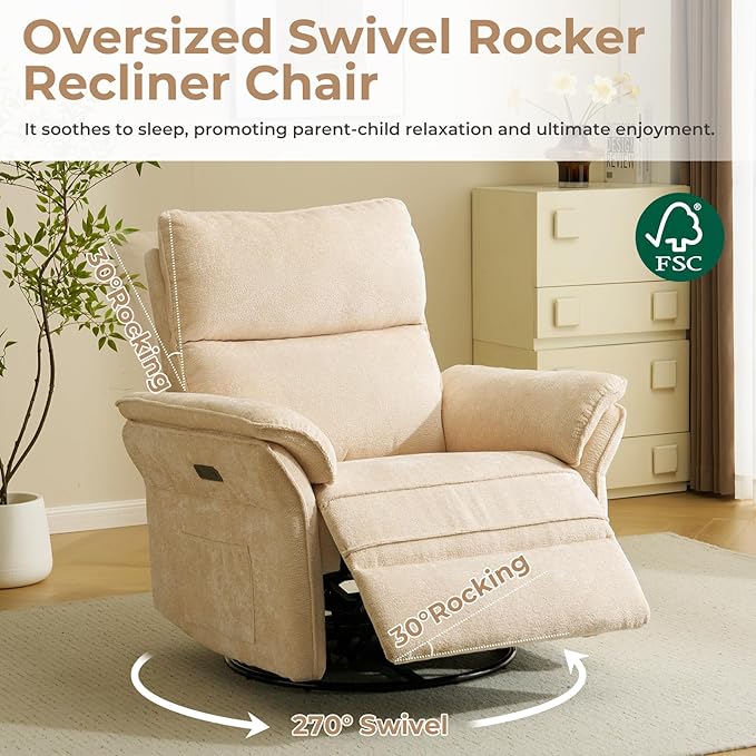 Oversized Power Recliner Chairs for Adults with Massage and Heat, Power Swivel Rocker Recliner Chair with Adjustable Headrest, 26" Extra Wide Rocker Nursery Recliner with USB Port, Beige