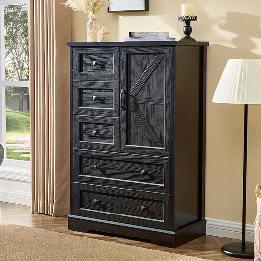 LIDYUK 5 Drawer Black Dresser for Bedroom Farmhouse Dresser Chest of Drawers, 48" Tall Clothes Organizer with Storage Cabinet Wood Chest of Drawers for Bedroom, Living Room