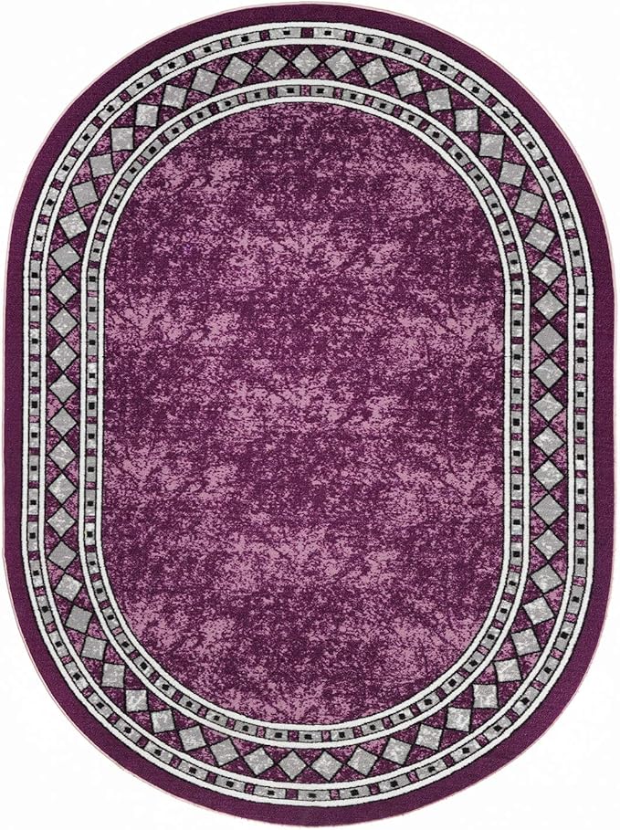 Antep Rugs Alfombras Modern Bordered 5x7 Non-Skid (Non-Slip) Low Profile Pile Rubber Backing Indoor Area Rugs (Purple, 5' x 7' Oval)