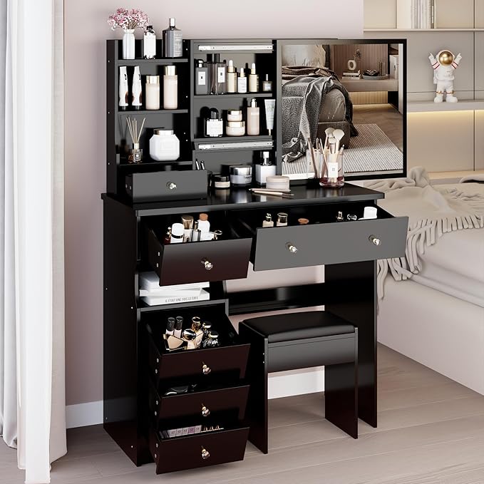 37" Vanity Desk with Mirror, Makeup Table with Sliding Mirror, Dressing Table with Multi Layer High Capacity Storage, Vanity Set with 6 Drawers and Stool for Bedroom, Black