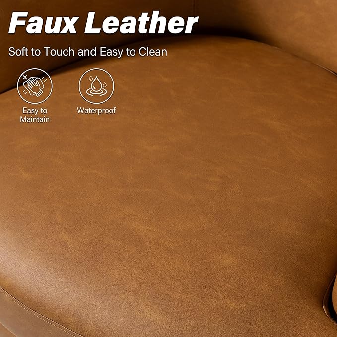 Swivel Barrel Chair, Modern Round PU Leather Accent Armchair for Living Room, Bedroom, Comfy Club Reading Chairs for Adults (Leather Light Brown, Set of 2)