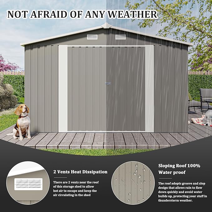 10x14 FT Outdoor Storage Shed, Large Metal Garden Shed with Side Door, Outside Tool Sheds with 3 Lockable Hinged Doors, Waterproof Storage Building with 4 Air Vents for Backyard, Patio, Light Gray
