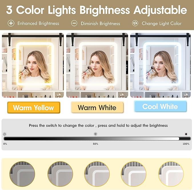 Farmhouse Makeup Vanity Desk with Sliding Mirror and Lights and Charging Station, White Vanity with Shelves and Drawers and Storage Cabinet, Make Up Vanity Desk with Cushioned Stool for Bedroom