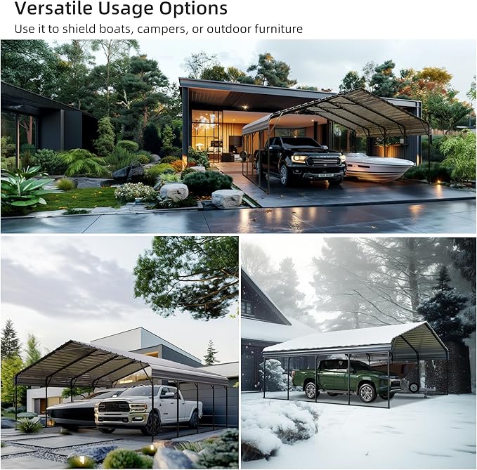 MFSTUDIO Carport 20x20 ft, Outdoor Heavy Duty Metal Shed Carports, Metal Garage Car Shelter Shade Car Port with Galvanized Roof, Frame and Bolts for 2 Cars, Truck and Boats