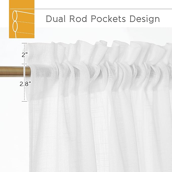 RYB HOME White Curtains for Bedroom Linen Textured Blend Semi Sheer Curtains Privacy Light Airy Sheers for Bathroom Living Room Cafe, White, 70 inch Wide x 63 inch Long, 2 Panels