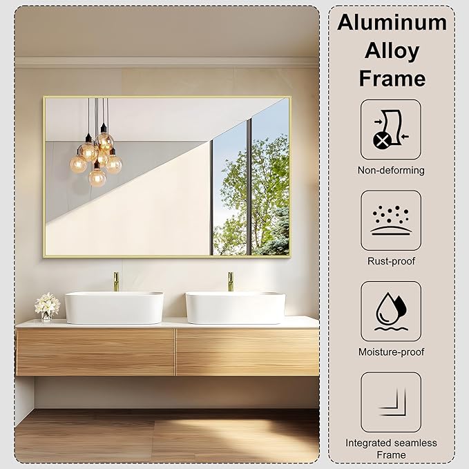 KOCUUY Large Gold Bathroom Mirror, 55x36 inch Rectangular Mirror for Bathroom Sink, Oversized Wall Mirror with Metal Gold Frame for Living Room, Farmhouse, Entryway, Hang Horizontal/Vertical