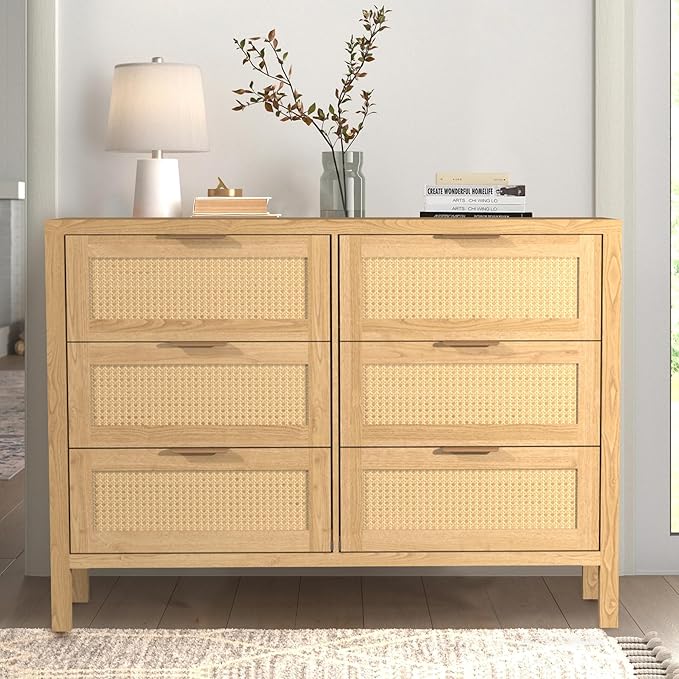 Wood 6 Dresser for Bedroom, Wide Rattan Drawer with Gold Handle for Bed Room, Hallway, Rustic Oak