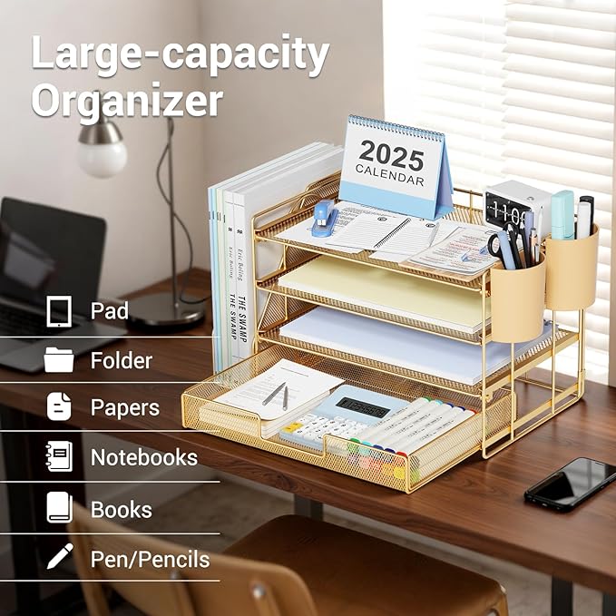 Desk Organizer and Accessories, 4-Tier Desktop File Organizer with Drawer and 2 Pen Holders, Office Desk Accessories for Office Supplies(Gold)
