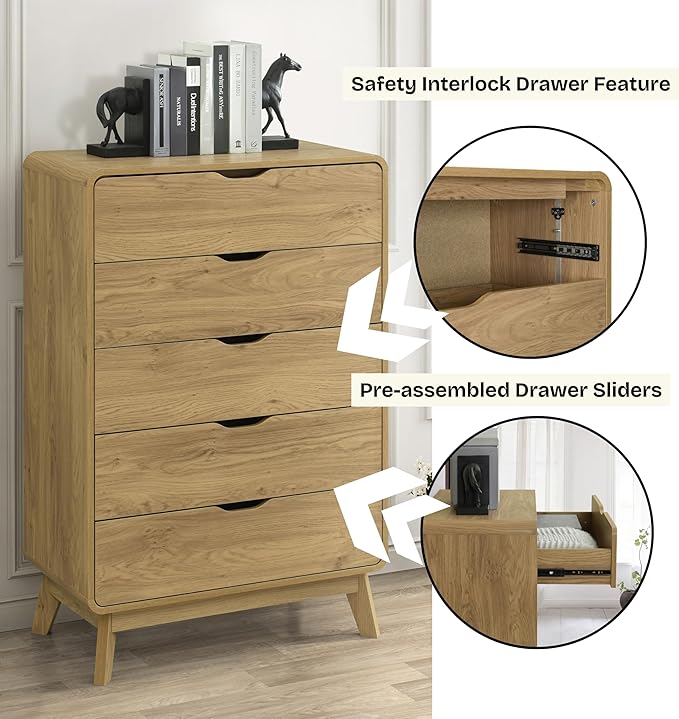 Meadow 5 Drawer Dresser for Bedroom, 47.2″ H Modern Wide Chest of Drawers, Wood Storage Organizer for Clothes, Entryway, Hallway, Nursery or Living Room, Oak