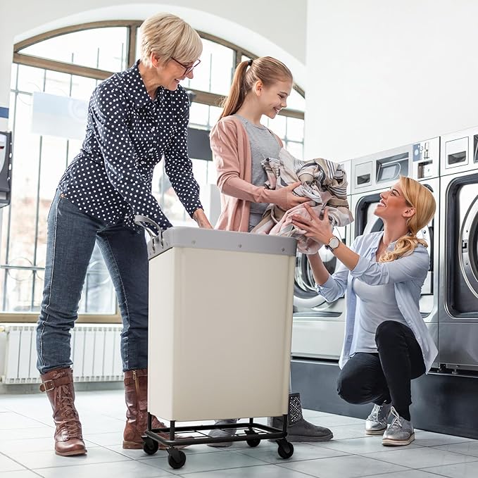Lifewit 165L Laundry Basket with Wheels, Large Heavy Duty Commercial Rolling Laundry Hamper with Handles, Tall Steel Frame Laundry Cart for Laundry Room Bedroom Hotel Home Dorm, White