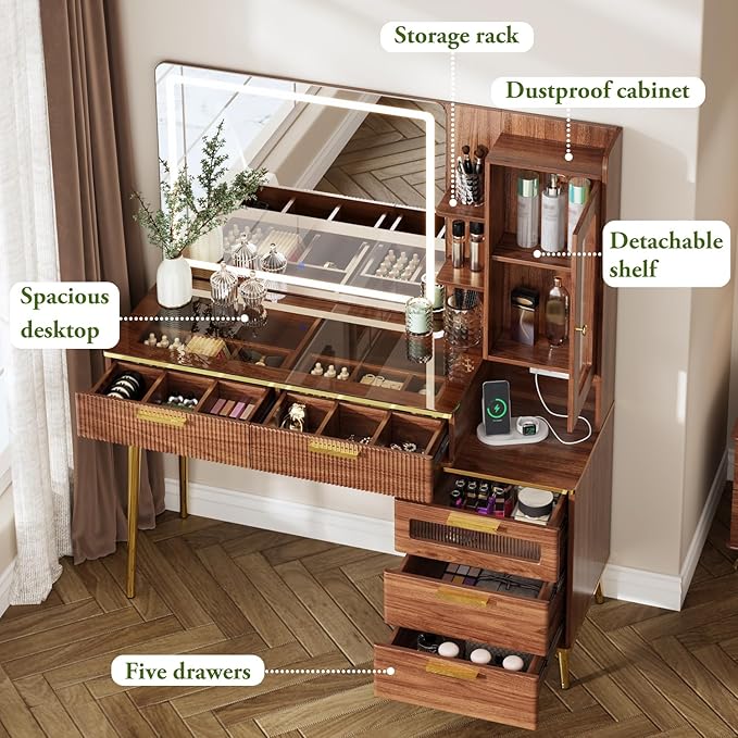 47.24" Big Modern Vanity Desk with Mirror and Lights,Makeup Vanity Desk with 5 Drawers and Storage Shelves & Power Outlet,Dressing Table with Glass Top, Walnut