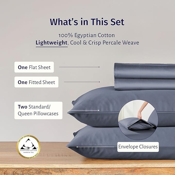 California Design Den Queen Deep Pocket Sheet Set - Certified 100% Egyptian Cotton Sheets, Crisp Percale, Cool & Durable Luxury Bedding Set - Mineral Blue