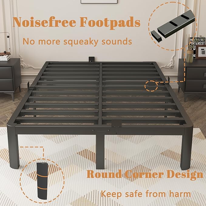 12 Inch Black Full Size Bed Frame with Baffles, Metal Full Bed Frame No Box Spring Need, Heavy Duty Steel Platform Support, Reserved Holes, Round Corner Legs, Storage Space, Noiseless