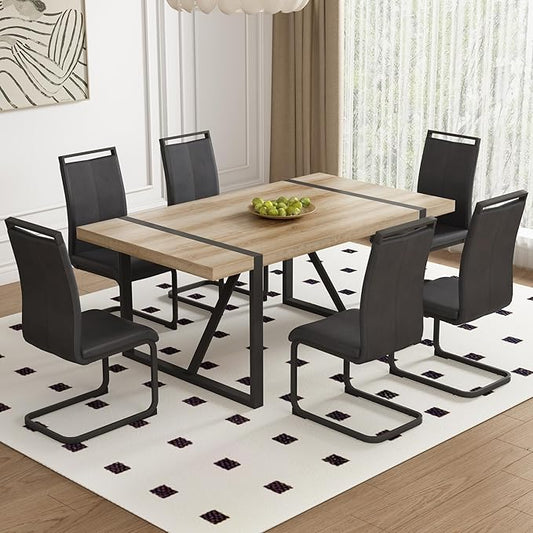 Dining Table Chairs Set for 6, Modern Rectangular Dining Room Table Set PU Leather Upholstered Dining Chairs 71" Dinner Table Set for Kitchen (Black, 71 Inch Brown Table+6 Chairs)