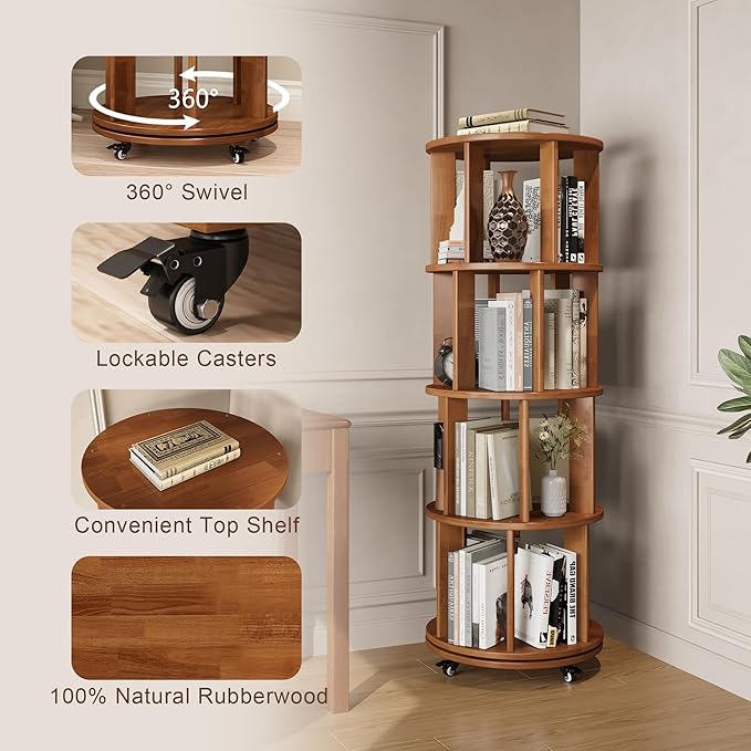 4-Tier Rotating Bookshelf, 360° Spinning Stackable Bookcase, Freestanding Bookshelf for Home Office Study Room Bedroom Living Room
