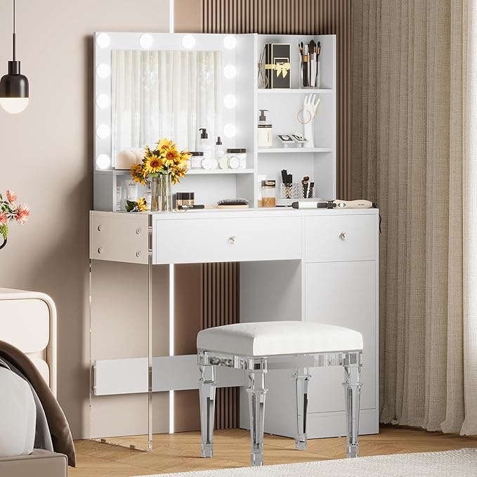 Vanity Desk with Mirror and Lights, Makeup Vanity Table and Chair Set with Power Outlet, 3 Color Modes Adjustable Brightness White Vanity, Dressing Table for Bedroom