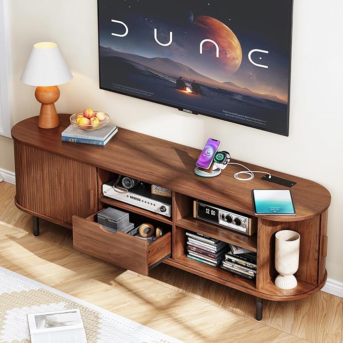 69" TV Stand with Power Outlet for TVs up to 80", Entertainment Center with Storage and Drawer, TV Console with Adjustable Shelves and Sliding Door, TV Stand for Living Room, Bedroom, Walnut