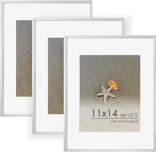 11x14 Picture Frame -11x14 Metal Picture Frame With Mat For 8x10 | 14x11 Frame Aluminum | Plexiglass And Hanging Hardware Included | 11 by 14 Poster Frame, Set of 3, Silver