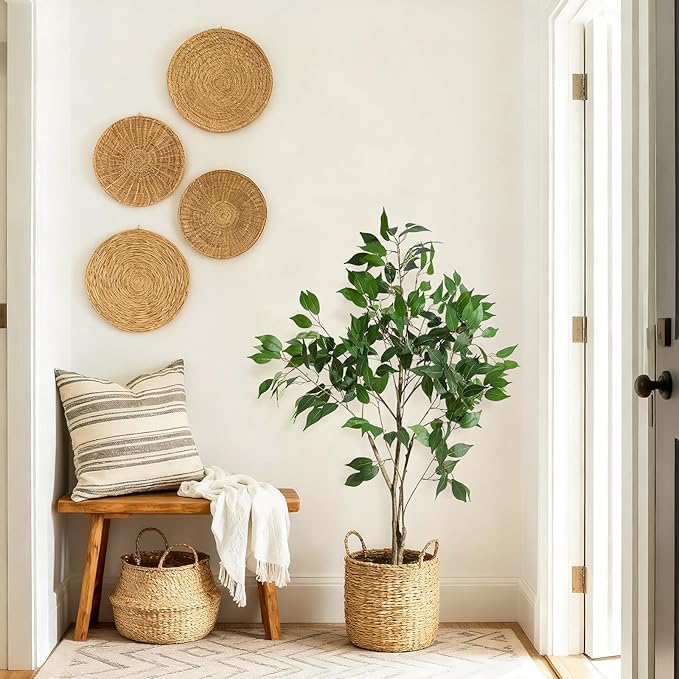 4FT Ficus Trees Artificial Indoor, Faux Silk Plant with Natural Wood Trunk and Lifelike Fruits, White Imitation Ceramic Planter with Green Fake Moss for Modern Home Office Living Room Decor