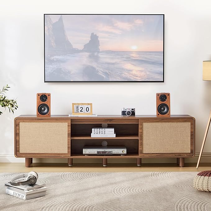 AVZEAR 70'' Mid Century Modern TV Stand for TVs up to 80 Inch, Large Entertainment Center with Storage & Nature Linen Door, Curved Edge TV Console Table Media Console for Living Room Bedroom (Walnut)