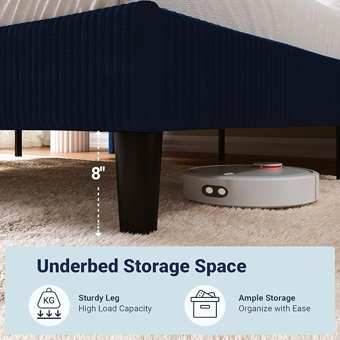 Allewie Full Size Bed Frame with Upholstered Wingback Headboard, Vertical Channel Tufted Corduroy Velvet Platform Bed, Strong Wooden Slats Support, No Box Spring Needed, Easy Assembly, Dark Blue