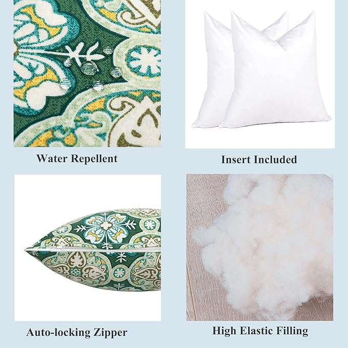 FUNHOME Outdoor Indoor Throw Pillows 18”x18”, Set of 2 Decorative Throw Pillows with Inserts, All Weather Water-Repellent Square Pillows for Bed, Couch, Sofa and Patio Furniture-Green Medal