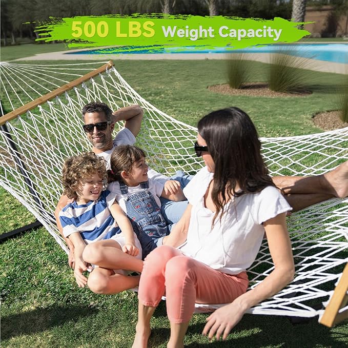 Double Hammock for 2 Person, Handwoven Cotton Rope Hammock with Spreader Bar Without Stand - Indoor & Outdoor Use for Patio, Poolside, Backyard (White)