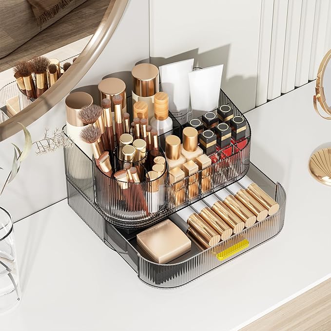 Delamu Makeup Organizer for Vanity with Stackable Drawers, 360 Rotating Makeup Brush Holder Large Cosmetic Display Case for Dresser, Bathroom Countertop Skincare Organizers and Storage, Crystal Black