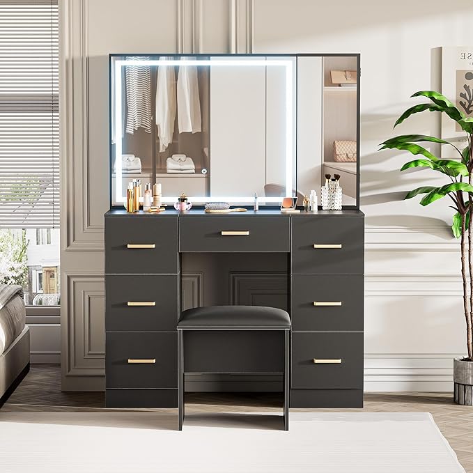 Black Vanity Desk with Mirror and Lights, Makeup Table with 44.8" Oversized Vanity Mirror Dressing Table Set with Stool, 7 Drawers and Storage Cabinet for Bedroom Dressing Room