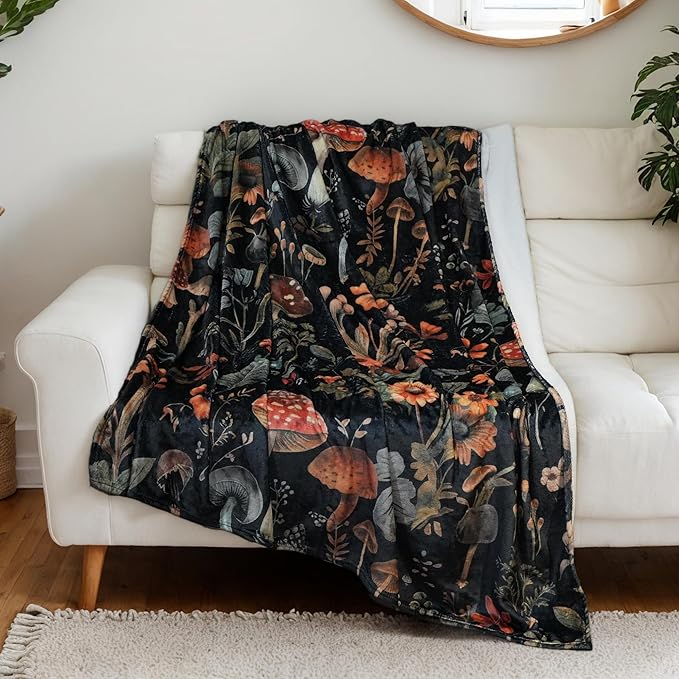SURYULL Mushroom Throw Blanket –Cute Fluffy Cozy Fleece Blanket for Couch or Bed, Super Soft Large Blanket Birthday Gift for Women, Kids,Black 60x80 inches