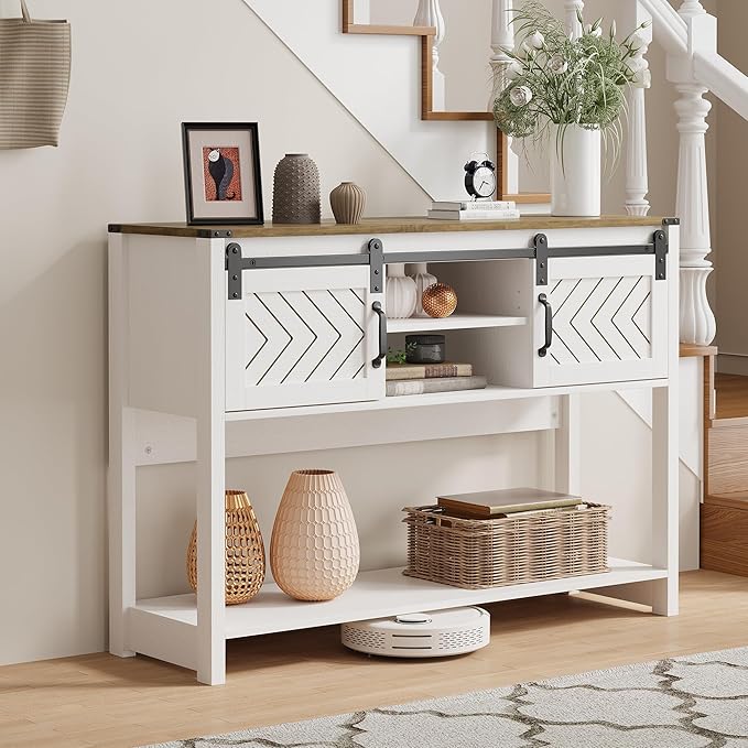 Console Table with Storage Shelf & Sliding Barn Door, Farmhouse Entryway Table with Storage, 46" Narrow Long Sofa, Behind Couch, Console Tables for Living Room, White and Rustic Oak