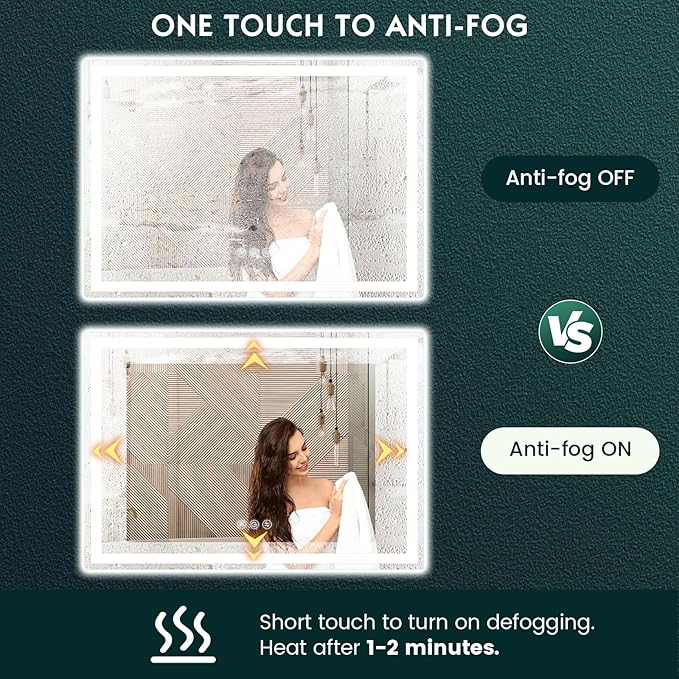 LED Mirror for Bathroom 36"x 48" with Frontlit and Backlit, Anti-Fog Mirror with Lights, Stepless 3 Colors Temperature & Dimmable Bathroom Mirror