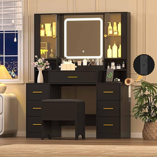 Black Makeup Vanity Desk with Mirror & Lights, Modern Vanity Table with Charging Station, 7 Drawers, Glass Cabinet, Shelves & Cushioned Stool, Bedroom Dressing Table Set for Women & Girls