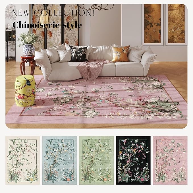 Runner Rug Chinoiserie-Style Floral Vintage Kitchen Rugs Non Slip Washable with Rubber Backing Soft Carpet for Laundry, Bedroom, Bathroom, Pink