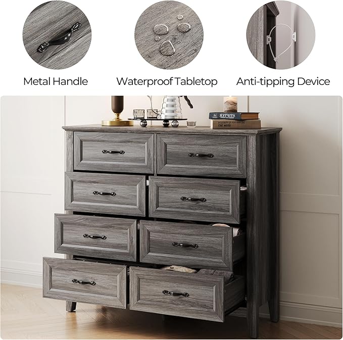 LINSY HOME Farmhouse 8-Drawer Dresser - Grey Chest of Drawers for Bedroom and Living Room Organization, Wood Dresser with Ample Storage Space and Rustic Charm