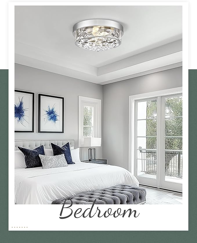 12" Flush Mount Ceiling Light, Brushed Nickel Finish, Hammered Glass Shade, Modern Farmhouse Style for Bedroom, Living Room, Dining – CKCL4822-2W-HGBN