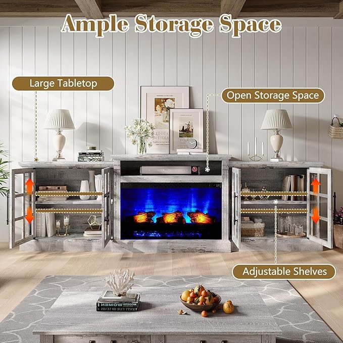 97" Farmhouse TV Stand with 33" Fireplace for TVs up to 100", Media Entertainment Center with Large Storage Cabinet and Adjustable Shelves for Living Room, Light Grey