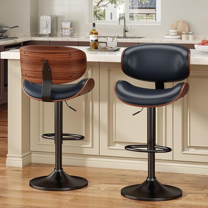 Swivel Bar Stools, Adjustable Bentwood Barstools, Modern PU Leather Upholstered Bar Chair with Back and Footrest, for Bar, Kitchen, Dining Room, Blue（1 PCS）