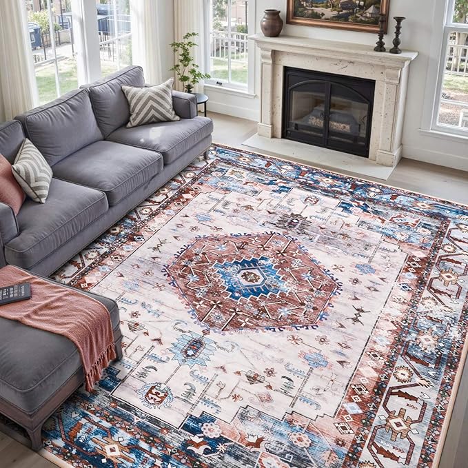 Large Washable 6x9 Area Rug, Red Vintage Floral Rugs for Living Room, Non Slip Low Pile Carpet for Bedroom Dining Room, Thin Indoor Carpet for Office Classroom