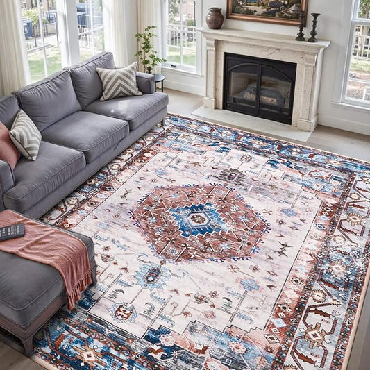 Large Washable 6x9 Area Rug, Red Vintage Floral Rugs for Living Room, Non Slip Low Pile Carpet for Bedroom Dining Room, Thin Indoor Carpet for Office Classroom