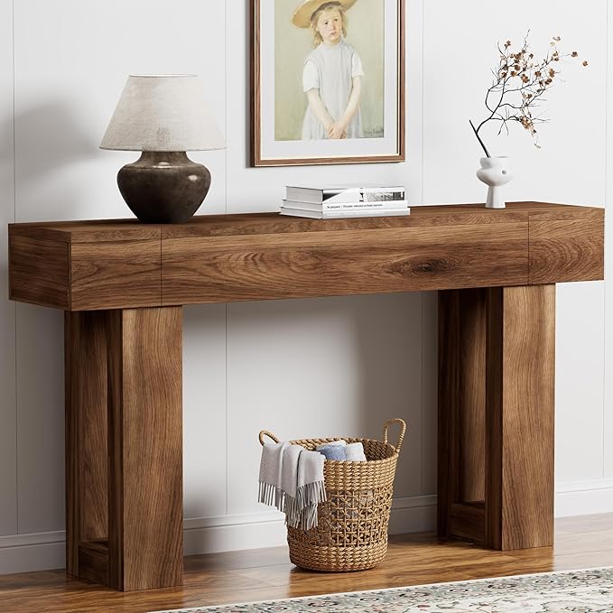 63 Inch Long Console Table, Narrow Rectangular Sofa Table Behind The Couch, Farmhouse Entryway Table for Entrance, Hallway, Living Room (Brown)