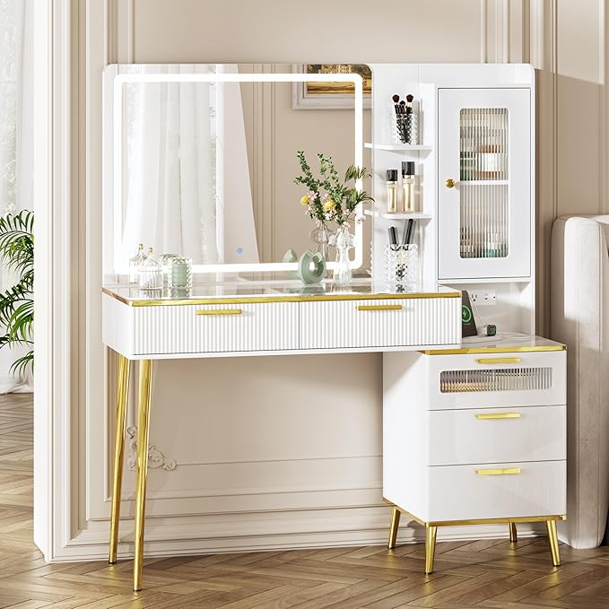 47.24" Big Modern Vanity Desk with Mirror and Lights,Makeup Vanity Desk with 5 Drawers and Storage Shelves & Power Outlet,Dressing Table with Glass Top, White